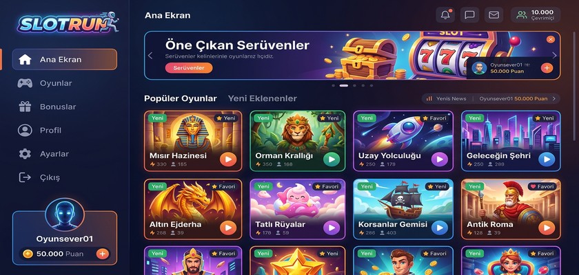 Slotrun ana platform görünümü oyun lobisi arayüz tanıtım görseli
